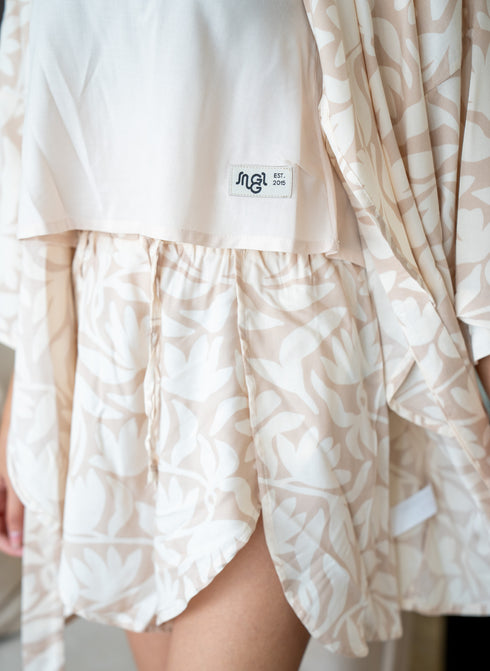 Women summer 3 piece pajama set Beige Top + Bold Floral Outline kimono & Short